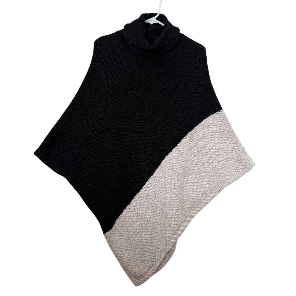 Indigenous Organic Cotton Poncho Cowl Neck One Size Ivory Black Knit Lagenlook